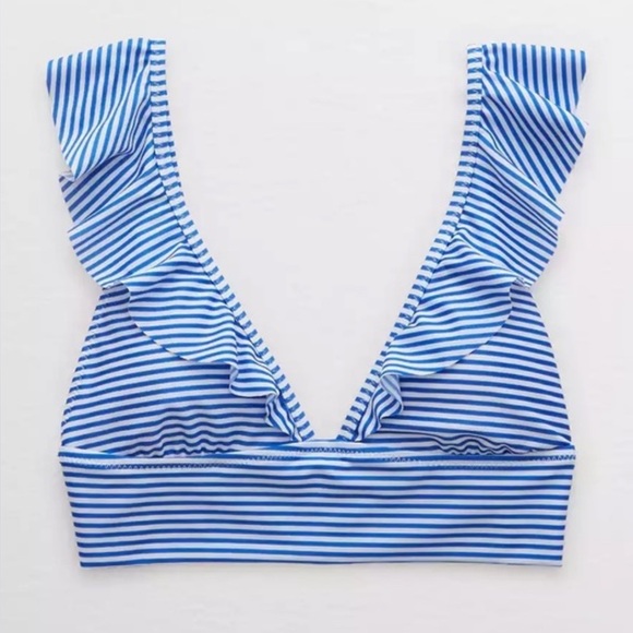 aerie Other - aerie Blue & White Striped Ruffle V-Neck Bikini Top